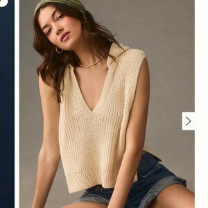 Pilcro V-Neck Hooded Sweater Vest Knit Cream sz XXS